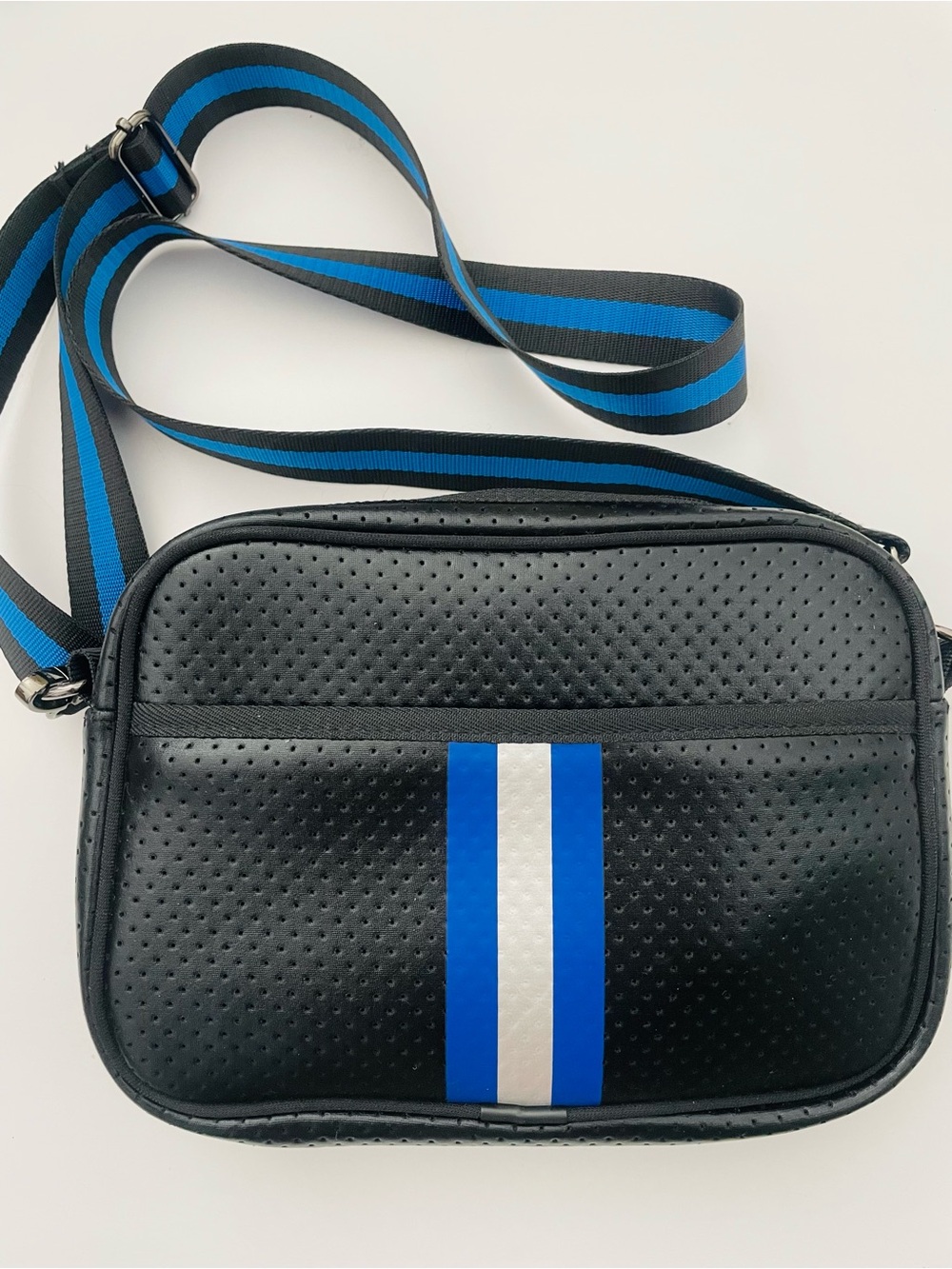 HAUTE SHORE Black Crossbody with Blue & White Stripe